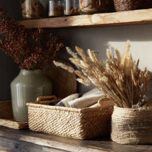 Close up of boho home decor with rattan basket, dried botanicals and warm earthy textures