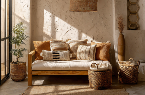 Warm boho living room with a Desert Dusk color palette with warm earthy neutral tones
