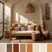 Warm boho living room with a Desert Dusk color palette with warm earthy neutral tones