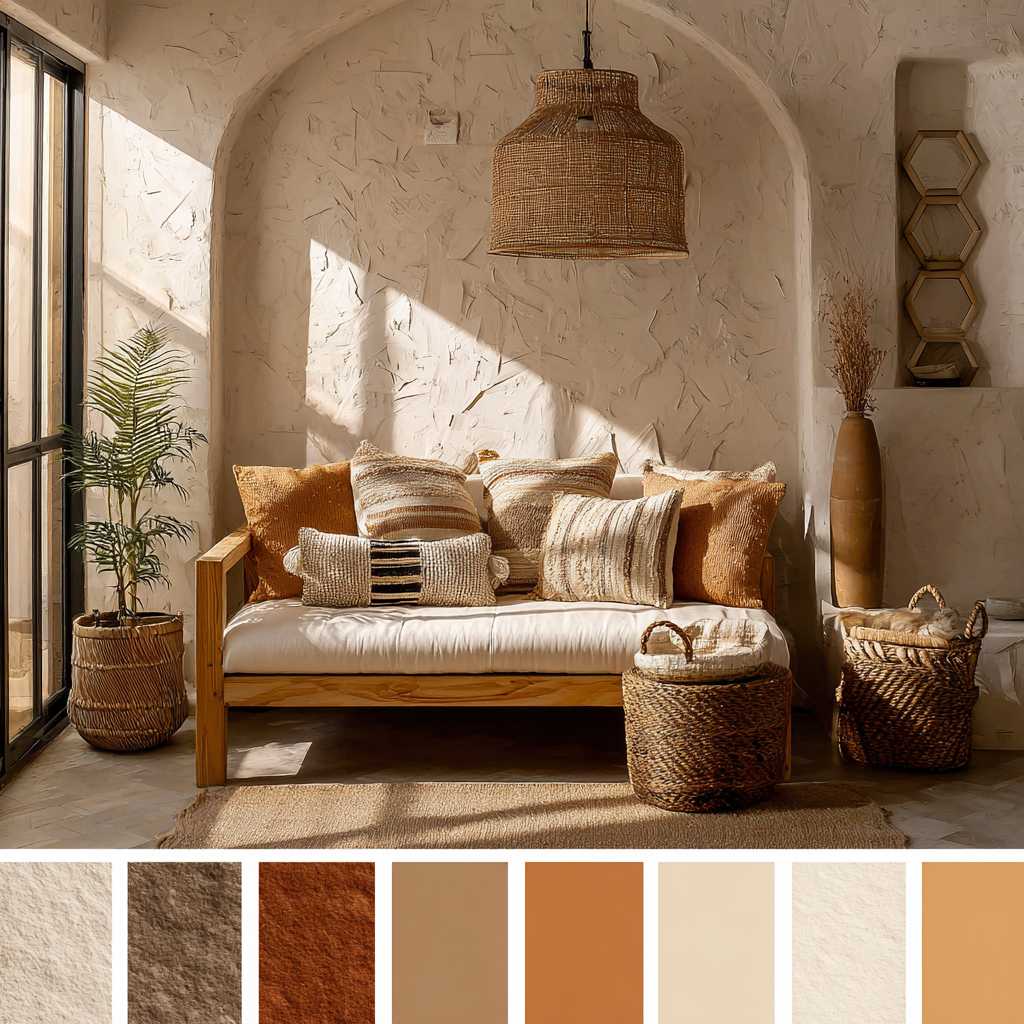 Warm boho living room with a Desert Dusk color palette with warm earthy neutral tones