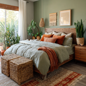 Bohemia styled bedroom showing the 60 30 10 color rule
