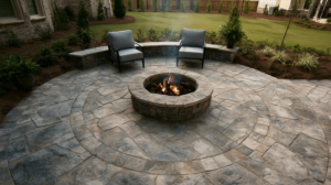 upgraded backyard with fire pit