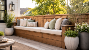 DIY built-in deck bench with outdoor cushions and potted plant