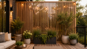 Vertical wood slat privacy screen on a deck or patio, with potted plants in front, string lights, warm natural tones