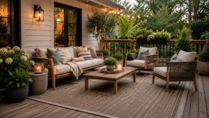 Patio or deck with a large outdoor rug defining a seating area, furniture arranged on top, greenery nearby — the rug grounds the whole space