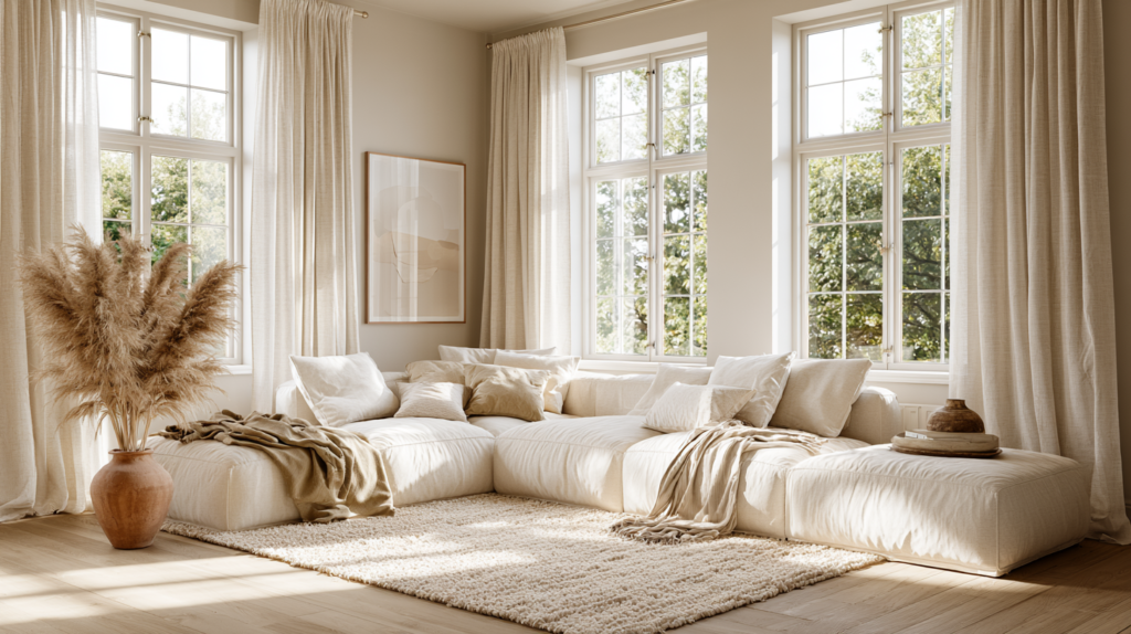 elegant living room with linen curtains that looks expensive on a budget