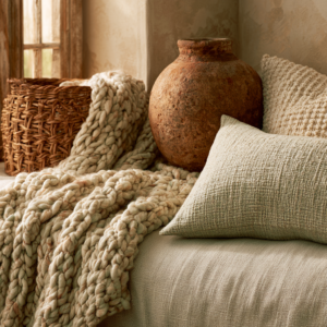 layered textures including boucle, linen, rattan, and clay for an expensive tactile home look