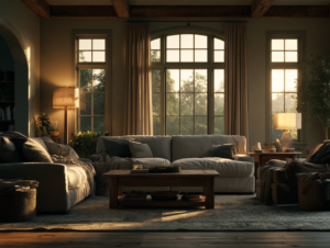 living room lit by floor lamp and table lamp instead of overhead lighting