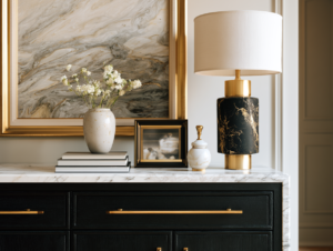 consistent brass hardware and metal tones for a cohesive expensive look