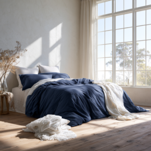 layered bed with linen duvet, shames, and folded throw for an expensive hotel-style look