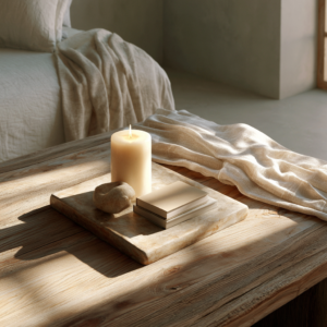 minimally styled coffee table with tray, candle and book stack for an expensive curated look