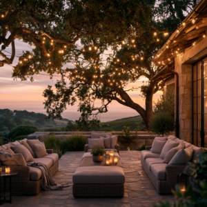 Outdoor patio at dusk with string lights strung overhead in a grid or drape pattern, warm glow, cozy seating below