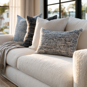 sofa styled with 2-3 pillows