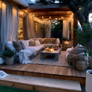 DIY pergola over outdoor patio with string lights and outdoor dining set