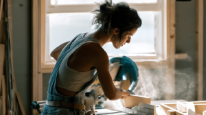 Woman using a saw to cut her wood 