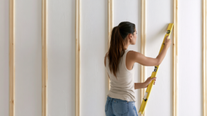 Woman putting up her wood pieces