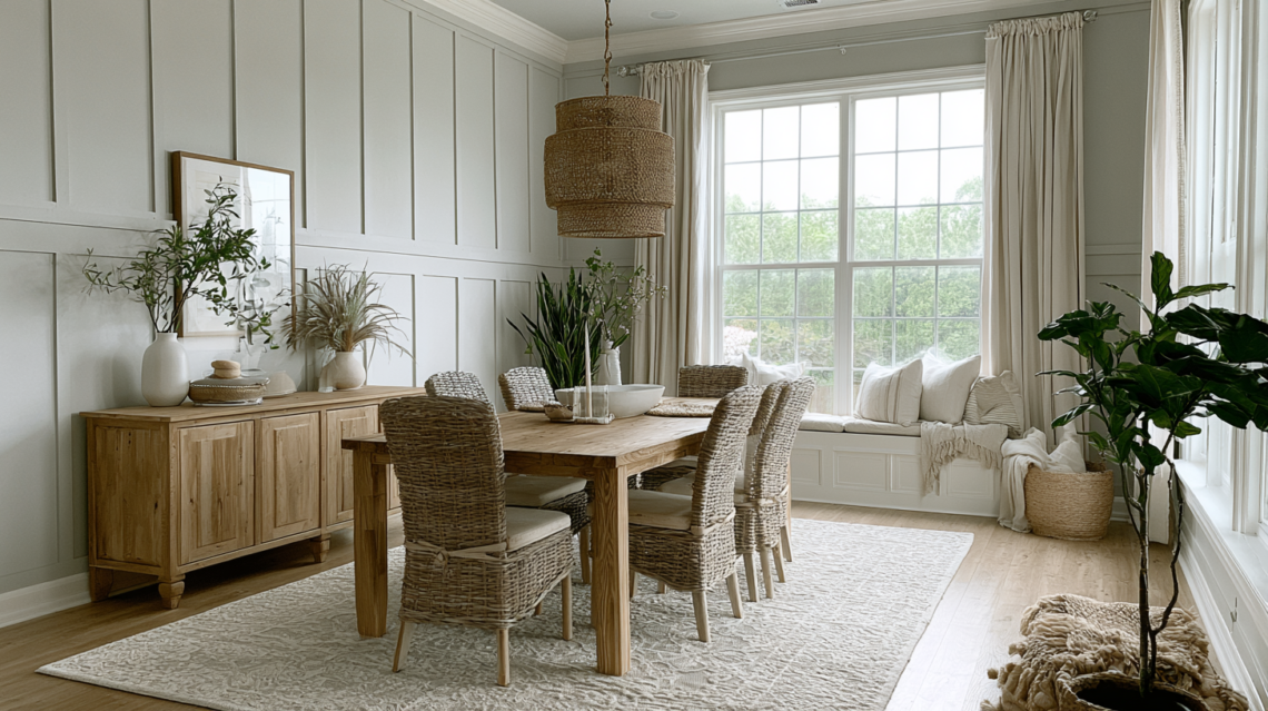 Dining room with updated accent wall of board and batten.