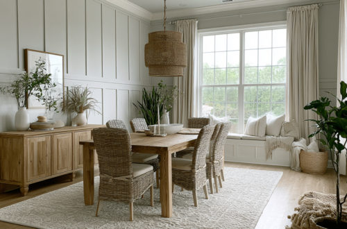 Dining room with updated accent wall of board and batten.