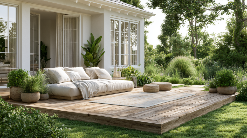 floating deck with natural wood