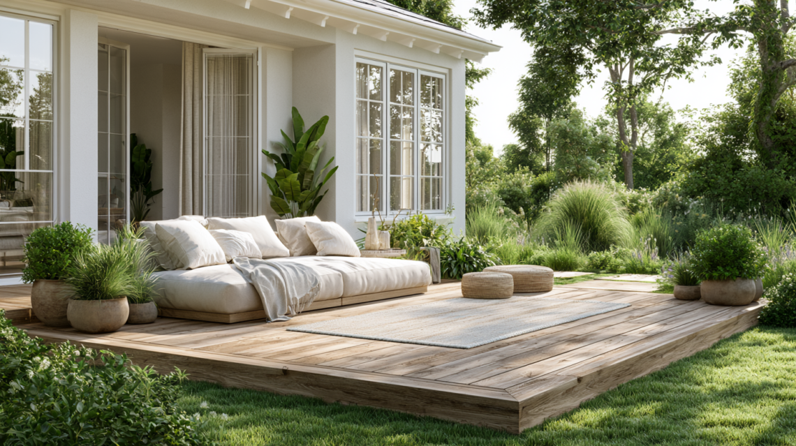 floating deck with natural wood