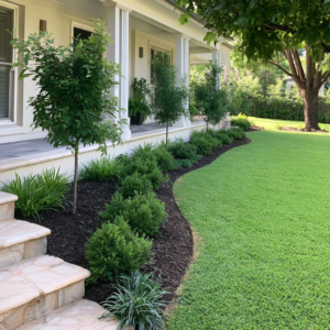 front yard with clean edging and mulch to update your front yard