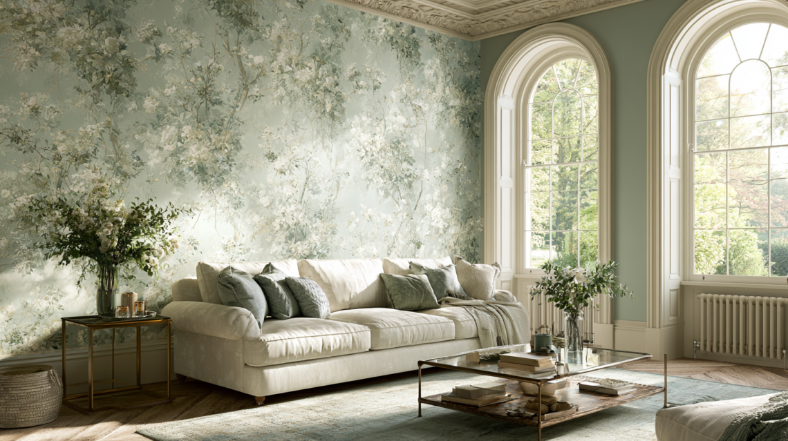 Botanical wallpaper styled in a warm, sunlit room