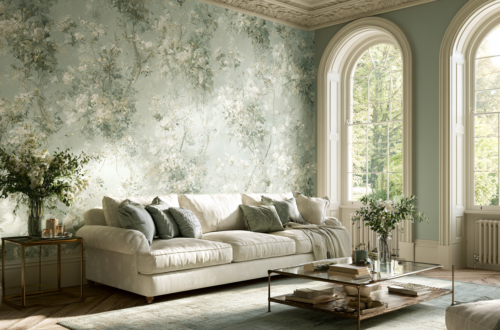 Botanical wallpaper styled in a warm, sunlit room