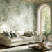 Botanical wallpaper styled in a warm, sunlit room