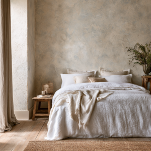 Limewash-look plaster wallpaper in a bedroom