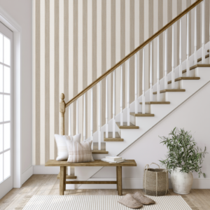 striped linen wallpaper entryway staircase