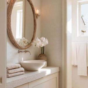 Subtle micro-pattern wallpaper in small bathroom