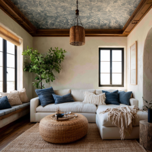 Wallpapered ceiling accent in a styled living room