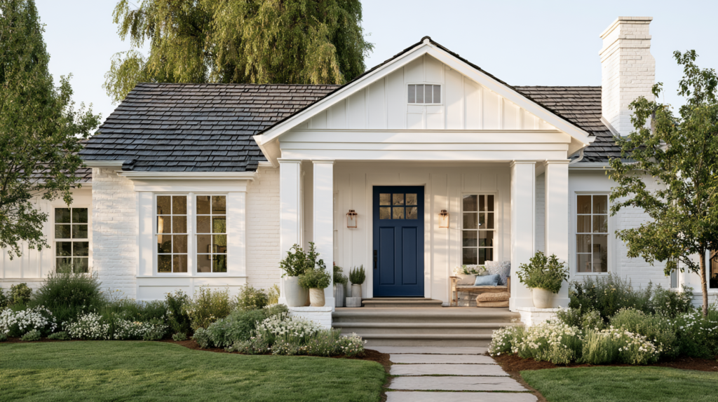 modern home with welcoming front yard