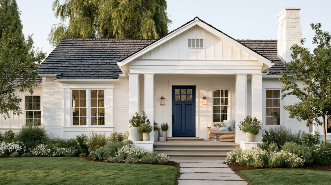 modern home with welcoming front yard