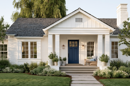 modern home with welcoming front yard