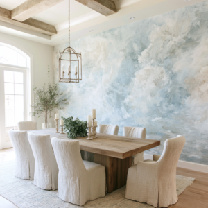 soft watercolor mural wallpaper dining room statement wall
