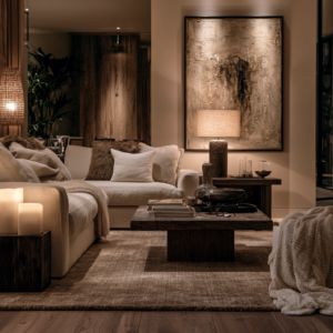 living room with layered lighting