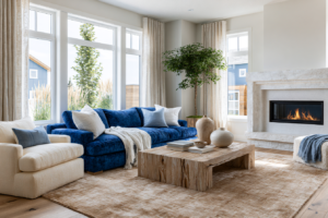 living room with statement couch cobalt blue