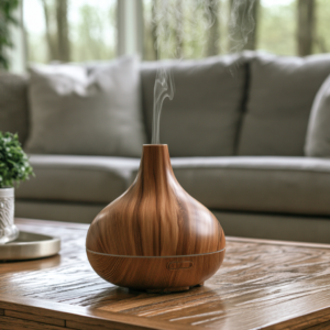 wooden oil diffuser on a coffee table