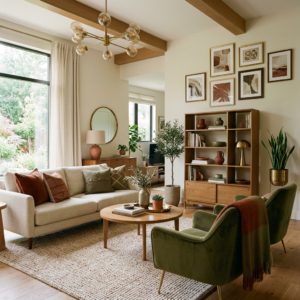 living room with red accents