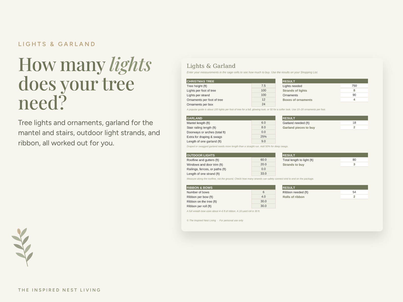 Lights page of Holiday Decorating Budget Planner