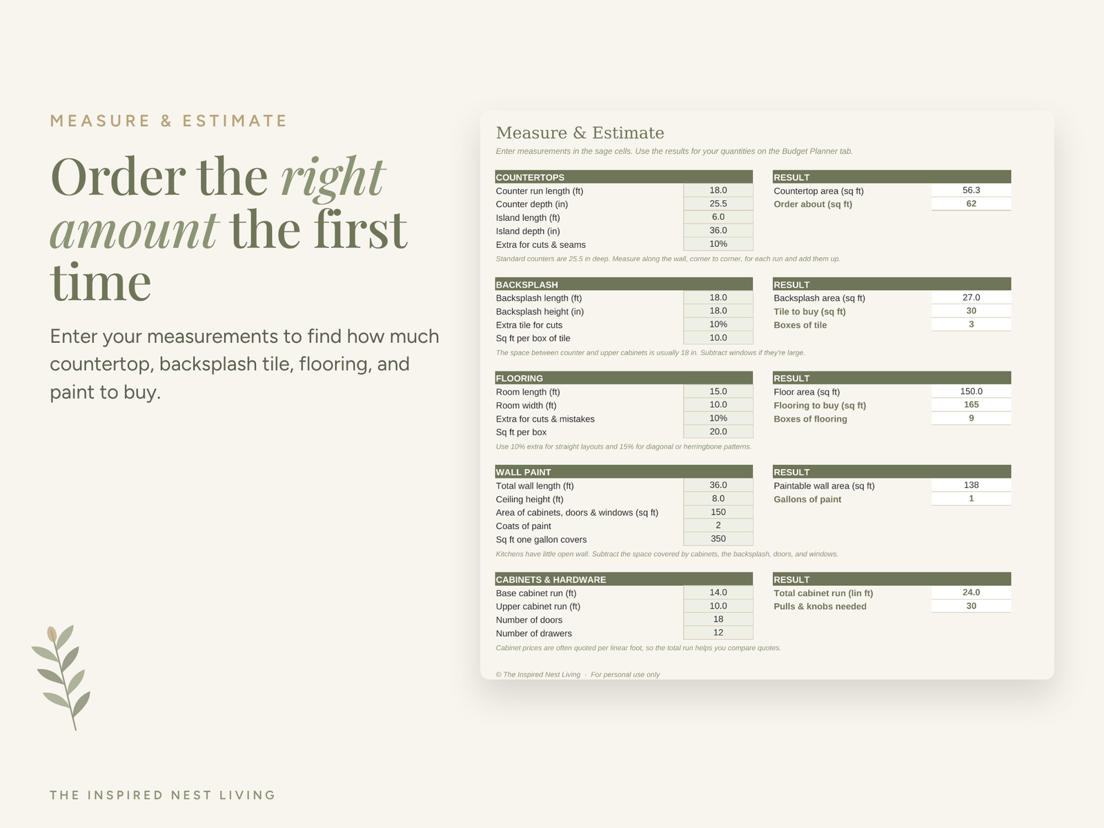 Measuring sheet of kitchen calculator